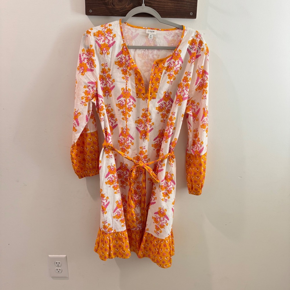 J.Crew Re-Imagined Floral Cotton‎ Mini Dress Orange Pink Long Sleeve Pockets M